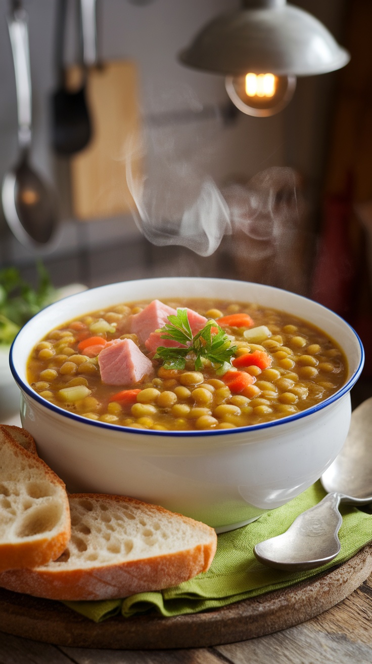 A bowl of split pea soup with ham and vegetables, garnished with parsley on a wooden table.